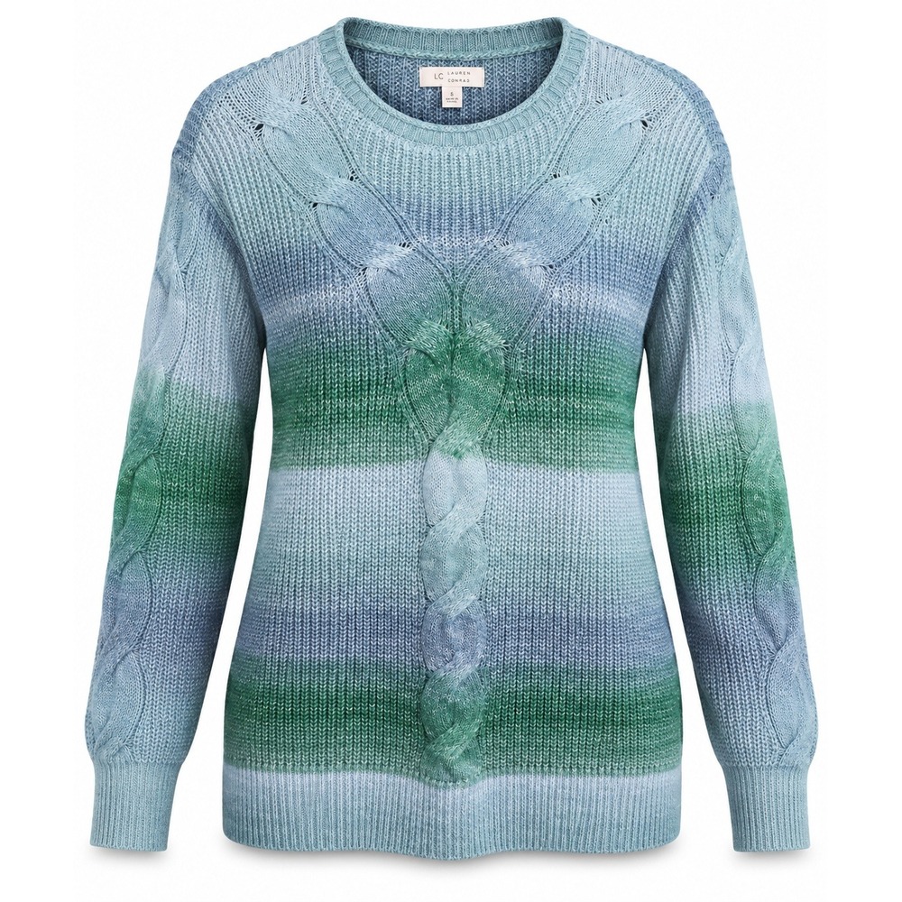 LC Lauren Conrad Ombre Cable Knit Sweater Small Blue Green Striped Crew Neck